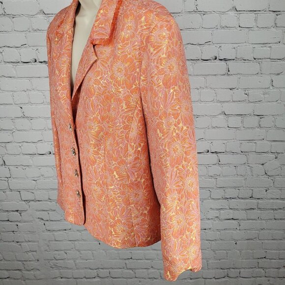 ECI New York Orange Floral 100% Silk Lined Rhinestone Snap Notch Jacket Size 14 - Picture 14 of 16